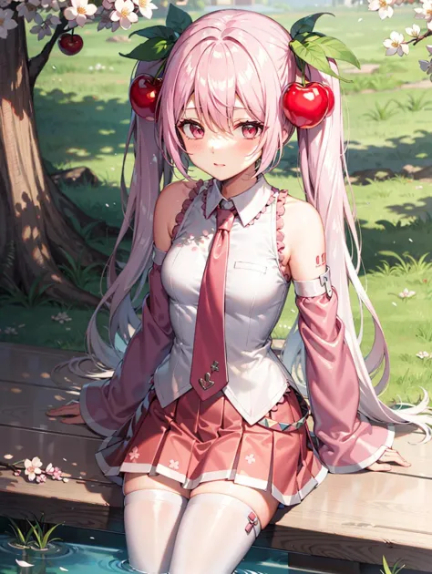 1girl, solo, pink hair, pink eyes, twintails, food-themed ornament, cherry_ornament, ((cherry_blossom print)), necktie, pink necktie, dress shirt, detached sleeves, wide sleeves, pink sleeves,  very wide shot, ((pink skirt)), pleated skirt, rim light, white_pantyhose, Sakura Miku, forest, shiny hair, aged down, sitting, sitting on box,  cowboy shot, kawaii, tie clip,