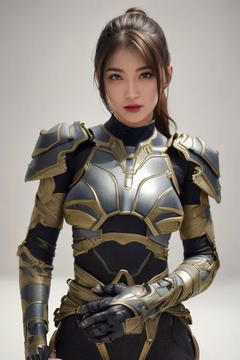 a woman in armor poses for a picture in a studio