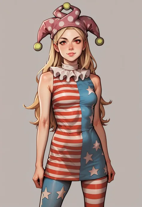 score_9, score_8_up, score_8, score_9, 1 girl,  source_anime, <lora:clownpiece_pony-10:1>, jester cap, neck ruff, blonde hair, american flag legwear, american flag dress, clownpiece, red eyes, long hair, detailed background,  <lora:Galactic:0.8> Gac