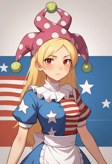 score_9, score_8_up, score_8, score_9, 1 girl,  source_anime, <lora:clownpiece_pony-10:1>, jester cap, neck ruff, blonde hair, [...