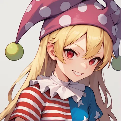 score_9, score_8_up, score_8, score_9, 1 girl,  source_anime, <lora:clownpiece_pony-10:1>, jester cap, neck ruff, blonde hair, p...