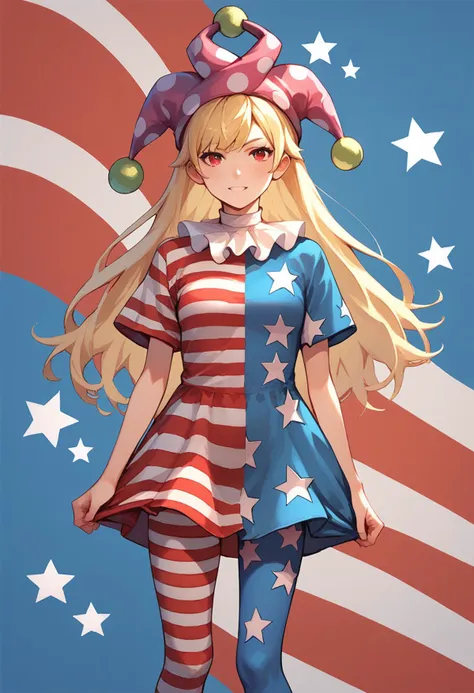 score_9, score_8_up, score_8, score_9, 1 girl,  source_anime, <lora:clownpiece_pony-10:1>, jester cap, neck ruff, blonde hair, a...