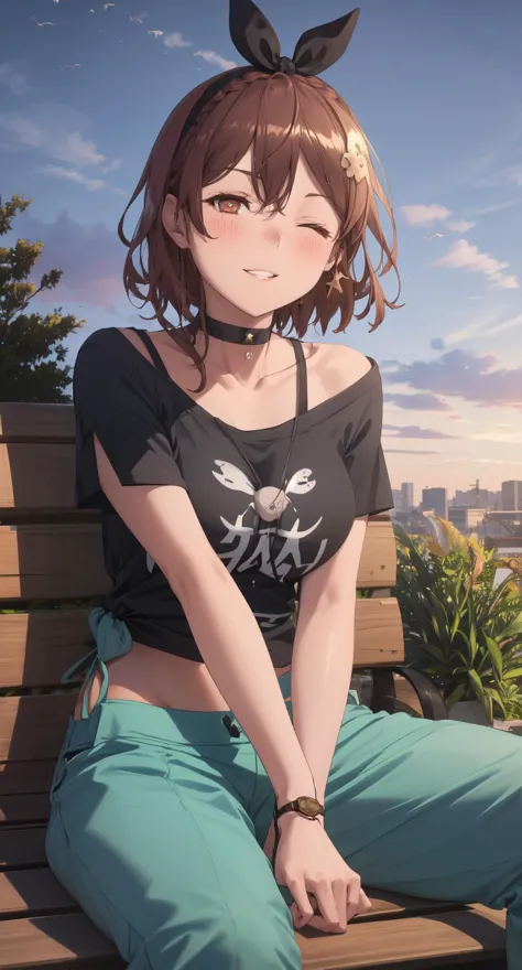 anime girl sitting on a bench with her hands on her hips