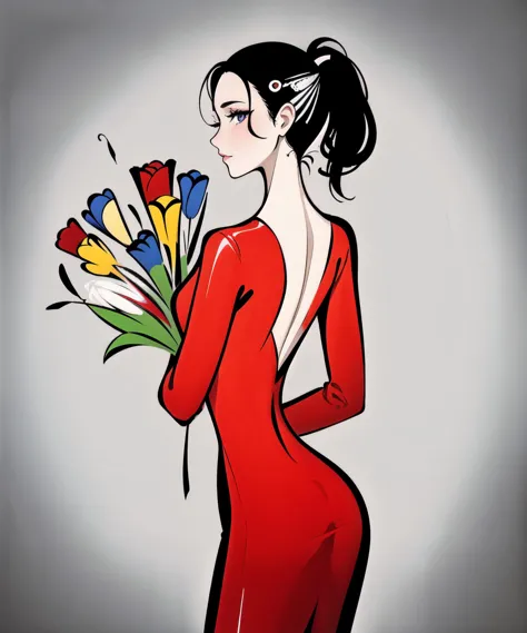 a cartoon of a woman in a red dress holding a bouquet of flowers