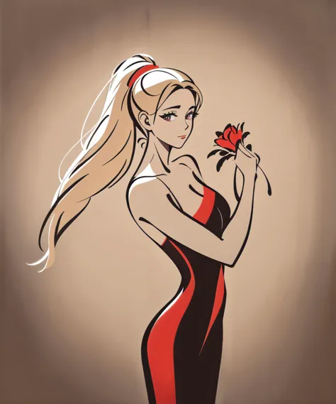 a drawing of a woman in a red and black dress holding a rose