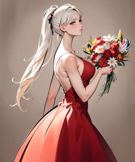 best quality,masterpiece,Vivid Colors,absurdres,1girl,medium breasts,(cowboy shot:1.5),profile,xxmixgirl,beautiful face,big eyes,looking at viewer,upper body,bright gaze,medium long shot,face toward viewer,ponytail,floating hair,reanching flowers,flower around,lineart dancer,<lora:Fisher_lineart dancer æ²çº¿èè:0.8>,