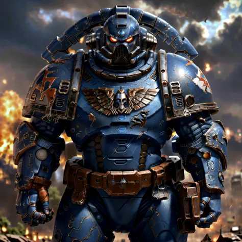 a close up of a blue warhammer with a gun in his hand