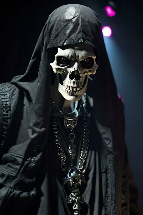 a close up of a person in a black robe and a skull mask