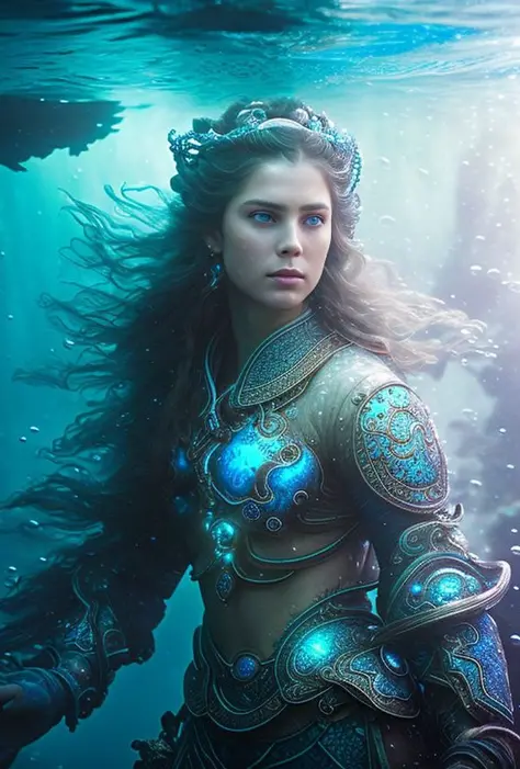 award winning photo of a woman, tough, blue eyes, ((deep sea, caustics, underwater)), dark blue ambience, coral reef background, water bubble, highly detailed,  engraved white glowing armor, headgears, windy long hair, fantasy universe, mysty, foggy, depth of field, photo realistic, nostalgia by  greg rutkowski,