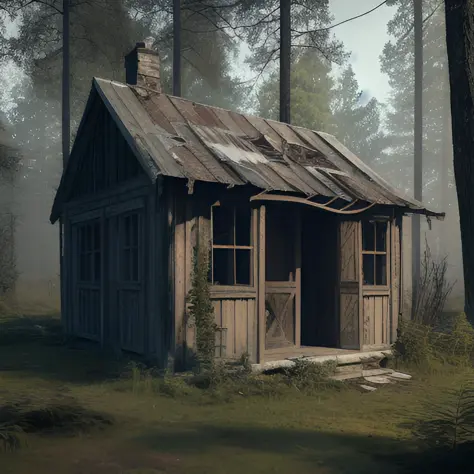 an abandoned dilapidated shack in dense dark woods, forest, landscape, (Highly Detailed, HD), high octane, 8k, high res, dramatic lighting, sharp focus, depth of field, masterpiece, best quality, 3d, photorealistic, high quality textures