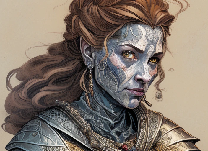 Bird's Eye View  detailed ((dnd knight middle aged woman  portrait)), happy, HD, (oil painting:1.1), (comic book art style:1.5),(inked outline:1.3), Stunning, Character, Portrait, (((Looking Sideways))), angular features, (darkbrown Braids Hair),  (muted natural colors:1.3) in painterly style by Thierry Doizon , splash art