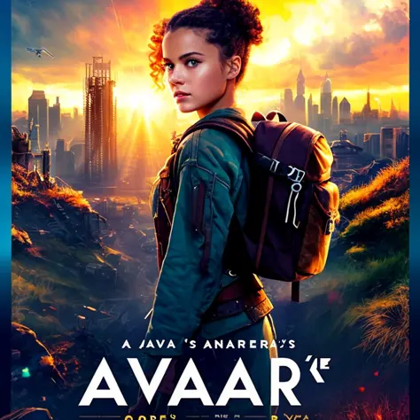 a poster for the post-apocalyptic fantasy TV show "Ava's Journey". The poster should feature the main character, Ava, in the center, with a look of determination and fear in her eyes. Ava is a young woman in her mid-twenties with curly brown hair and almond-shaped brown eyes. She is dressed in practical, weather-worn clothing with a backpack slung over one shoulder, ready for anything the world might throw at her. In the background, there should be a desolate and ruined cityscape, with a stormy sky overhead to emphasize the dangerous world that Ava must navigate. The poster should have a suspenseful and adventurous  fantasy tone, with a color palette of browns, grays, and blues to match Ava's hair, eyes, and surroundings. The title of the show should be prominent, in bold, stylized lettering.