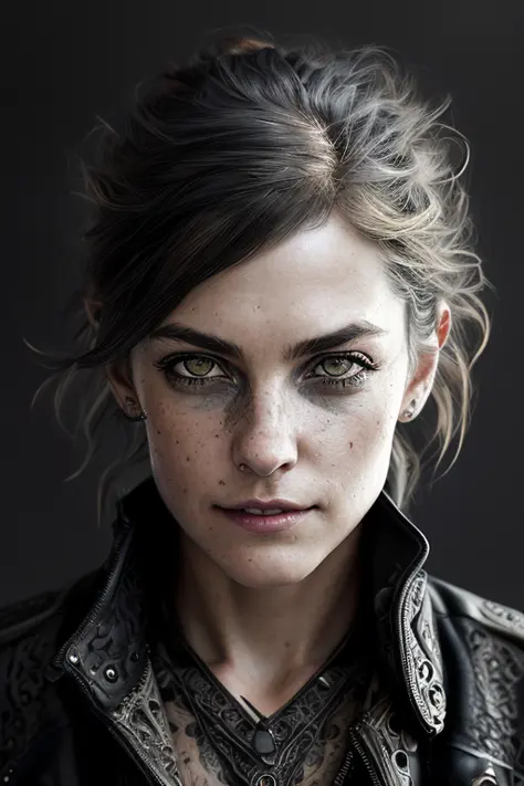 young woman, big grey eyes, rogue thief, tomboy, ((smirk)), intelligent, messy eye makeup, (perfectly shaped eyes), leather tank top, (black coat), (insanely detailed:1.5), Greg Rutkowski, ((detailed pupils)), (beautiful detailed face), ((cinematic look)),...