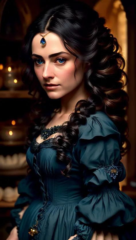 close up face, modelshoot, uhd, 8k, 4k, moiraine damodred, (jewel ornament:1.1), woman, black ringlet hair, blue dress, in room, medieval era, stone oven, bed, chair, shelves, trims, ruffles, photorealistic, photography, dramatic, 