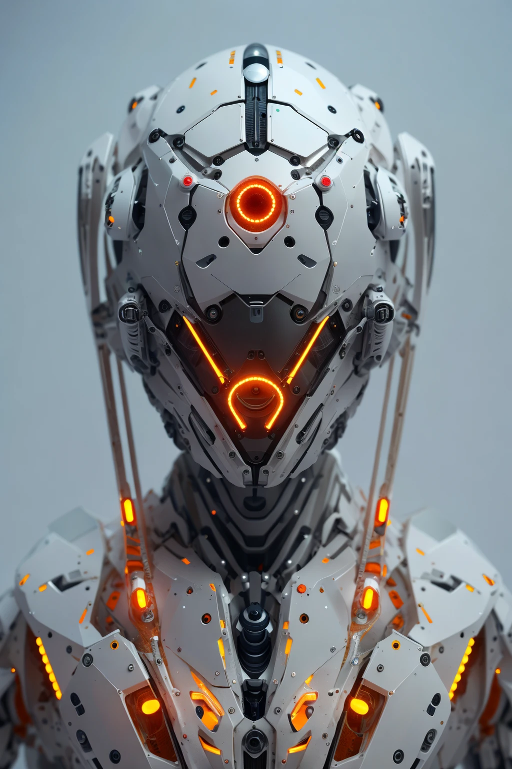 로봇 1대, 본질적인, 주황색 삼각형 빛나는 눈, 사이버 헬멧, 긴 머리, 흰색 플라스틱, 확산 조명, 공상, 뒤얽힌, 우아한, 매우 상세한, 살아 있는 것 같은, 사실적인,  매끄러운, 날카로운 초점, John Collier와 Albert Aublet, Krenz Cushart와 Artem Demura의 예술, 전선, 튜브, 암실, 희미한 빛
