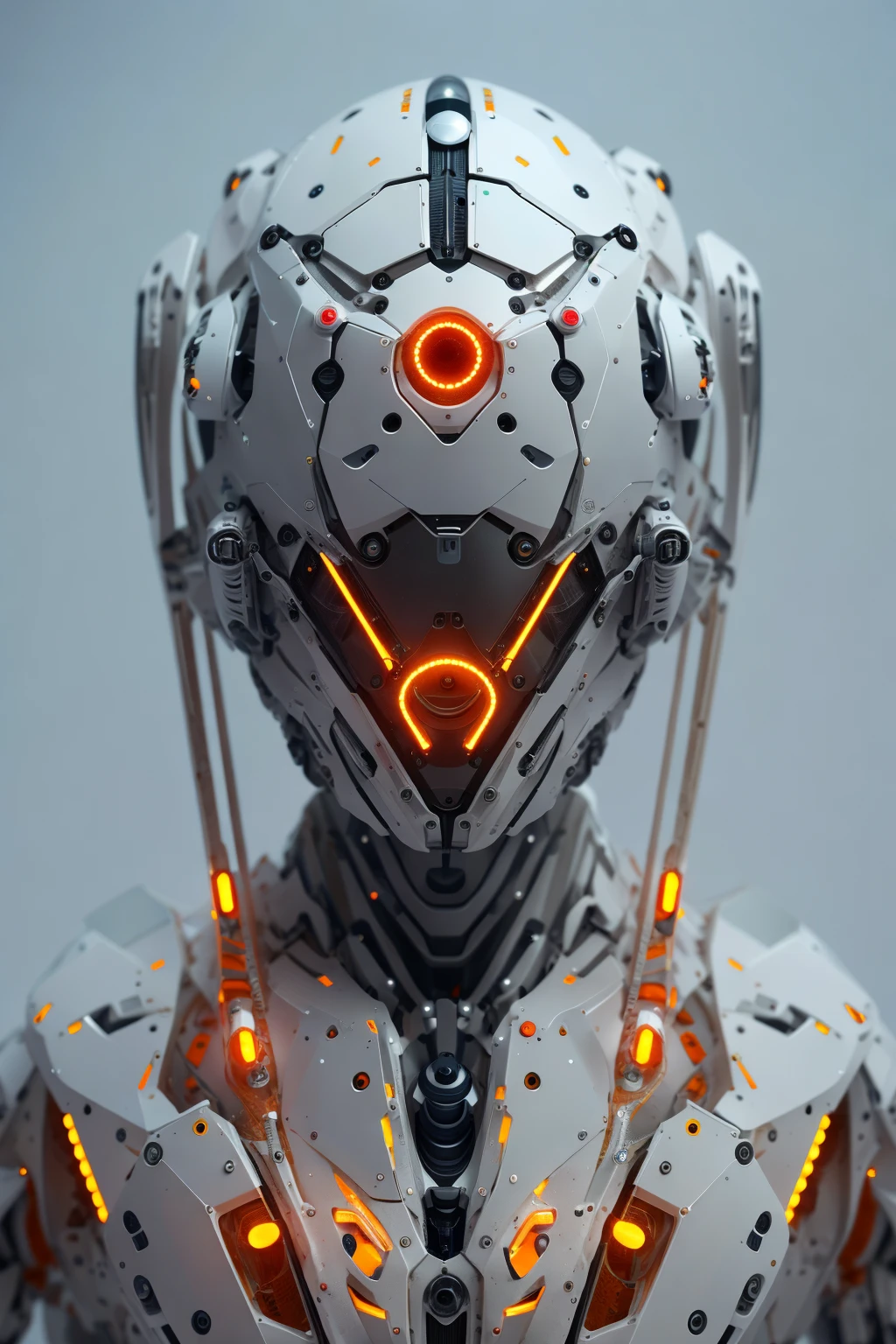 1 robot, Bio, orange dreieck leuchtende augen, cyberhelmet, lange Haare, weißer Kunststoff, diffuse Beleuchtung, Fantasie, kompliziert, elegant, sehr detailliert, lebensecht, fotorealistisch,  Glatt, scharfer Fokus, art by John Collier and Albert Aublet and Krenz Cushart and Artem Demura, Drähte, Rohre, Dunkelkammer, schwachem Licht
