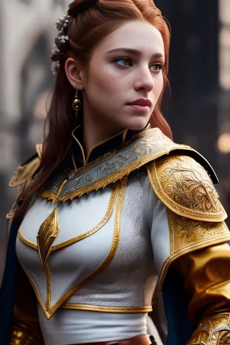(8k, RAW photo, best quality, masterpiece:1.2), (realistic, photo-realistic:1.4), (extremely detailed CG unity 8k wallpaper), a full body (rogue:1.1) female wearing gold (leather armor:1.3), stiched worn out armor, (insanely detailed:1.5), gold and (white:...