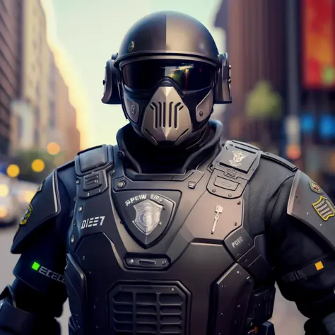 (raw photo, masterpiece, best quality, high detail, game concept), (8k, full frame, (medium shot), photorealistic, realistic), unreal engine render of a fat soldier police robot in new york city, helmet, dynamic action pose, special forces, (science fictio...