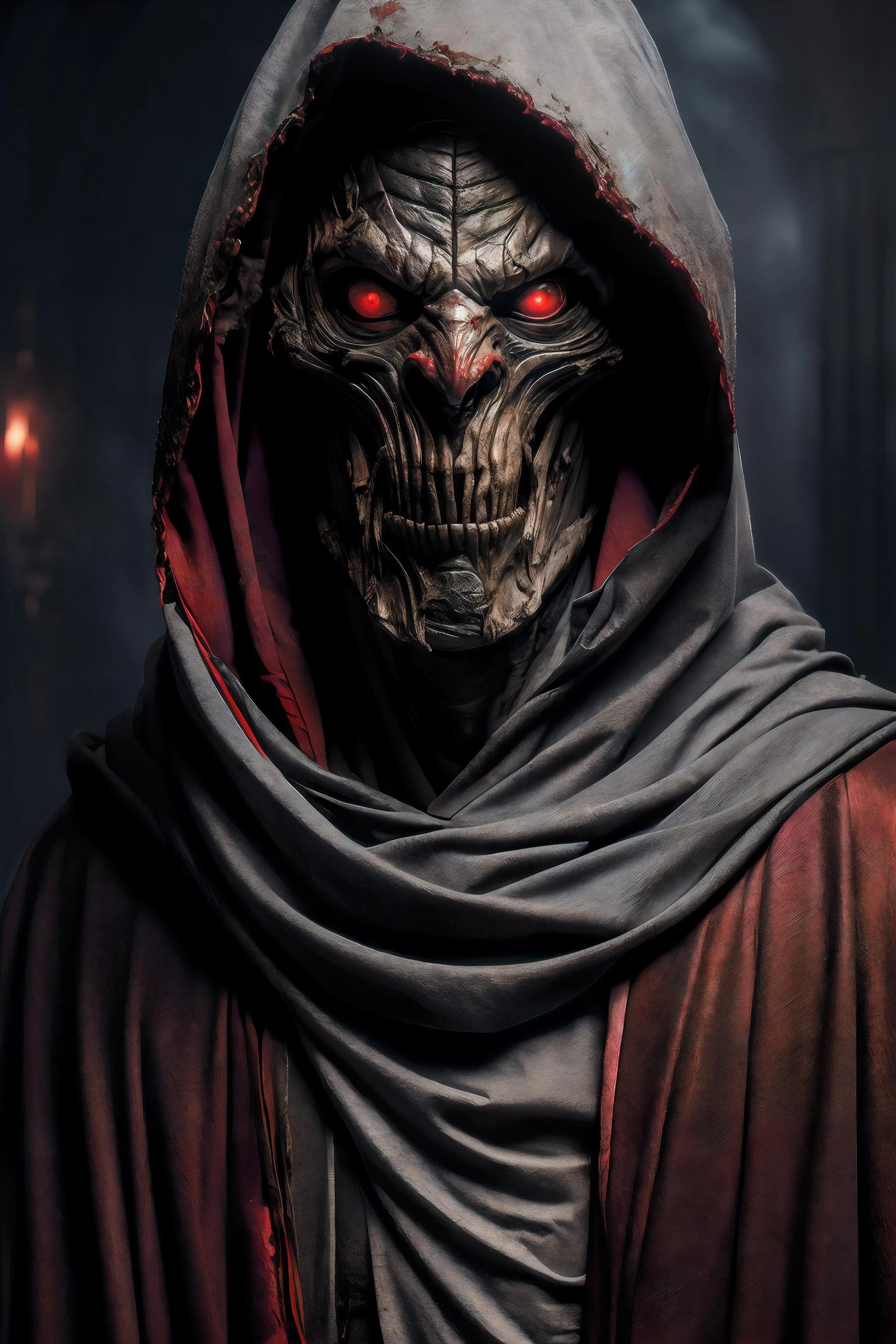 (masterpiece:1.2), absurdres, A photorealtic shot od Mumm-Ra,solo, decaying mummy,a malevolent and ancient sorcerer, , withered, shrouded in rotting bandages, emaciated body. grotesque, skin is a sickly grey, covered in tattered rotting bandages, is body is emaciated, his face is hidden by a hooded red robe, glowing sinister red eyes, malevolent,  (highly detailed:1.3)
