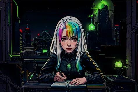 [1girl, Roxy_Citron_OC, solo, red eyes, white hair, rainbow hair, long hair, streaked hair], studying, homework, desk, college_bedroom, quiet, relax, cat, bedroom_window, Necron_Architecture, electricity, green_glow, green_theme, ultra-detailed), (masterpiece), (best_quality), (cinematic_lighting), (vibrant_colors)