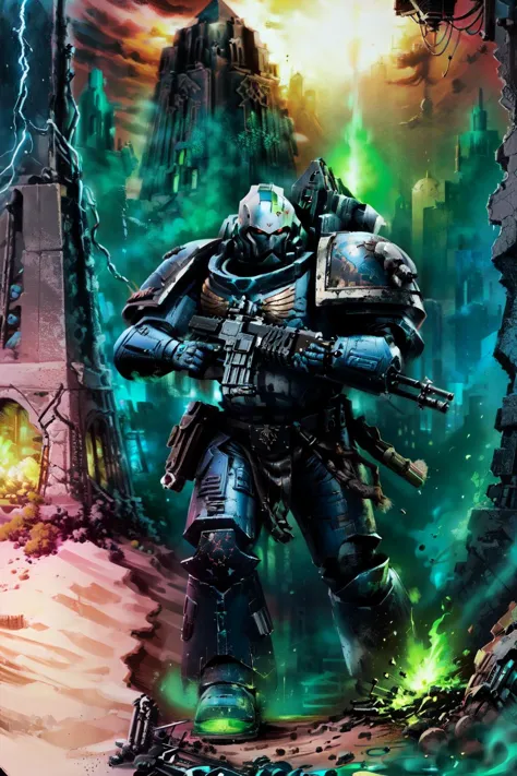 [ultramarine, power armor, holding weapon, armor, helmet, holding gun, male focus, shoulder armor, full body, pauldrons, fighting pose, firing gun, red eyes, multiple boys, primaris, mouth mask, fighting], desert, ruins, hallway, ruined_city, lost_technology, Necron_Architecture, electricity, green_glow, green_theme, comic_style, by Garth Ennis, thick_lines, hand_colored, dynamic_pose, ultra-detailed), (masterpiece), (best_quality), (cinematic_lighting), (vibrant_colors)