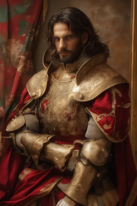 a close up of a man in armor with a sword