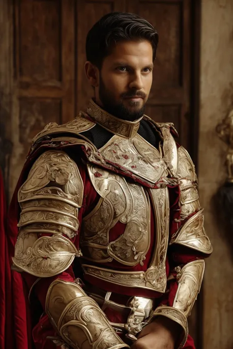 a close up of a man in a gold and red suit