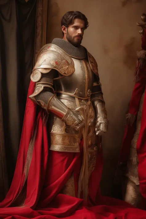 a close up of a man in a suit of armor standing next to a curtain