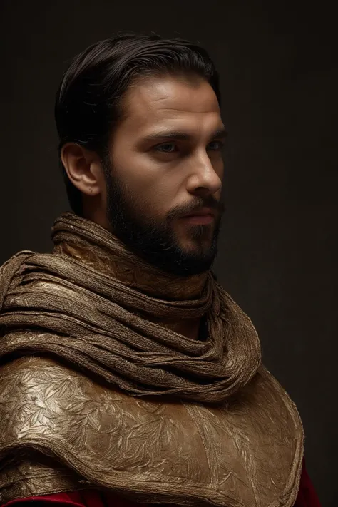 a close up of a man in a gold outfit with a scarf