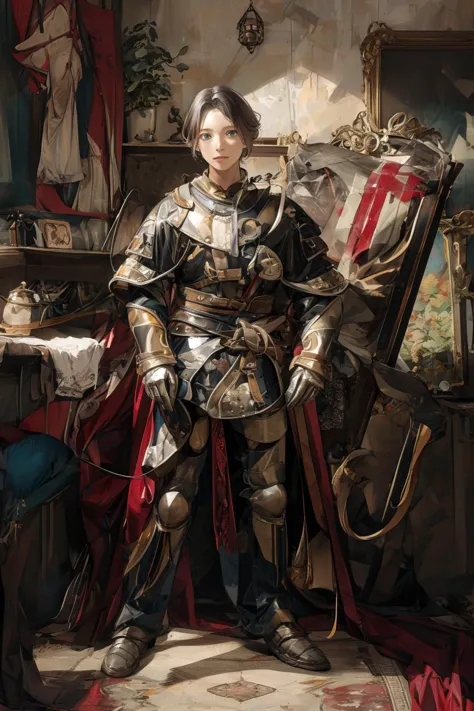 a painting of a woman in armor standing in a room