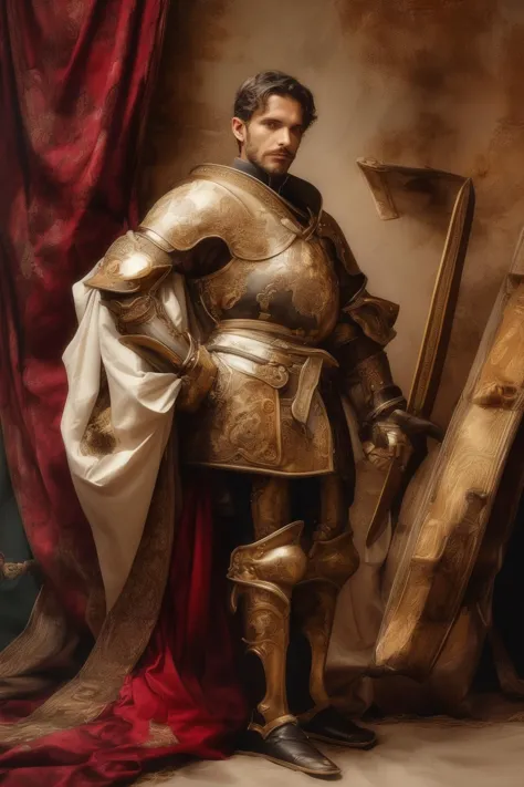 a close up of a man in a suit of armor with a sword