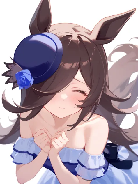 1girl, 
rice shower \(umamusume\), umamusume, 
solo, full shot, closed eyes, brown hair, hair over one eye, blue hat, tilted hea...