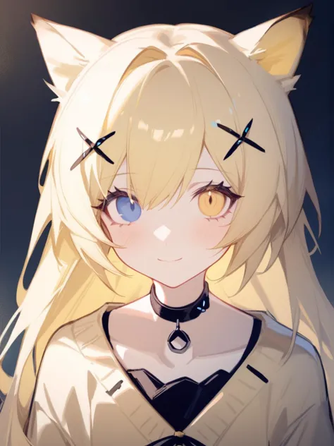 1girl, 
nightmare \(arknights\), arknights, 
solo, portrait, collarbone, looking at viewer, smile, cat ears, blush, yellow cardi...