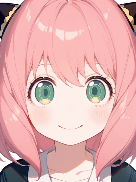 anime girl with pink hair and green eyes wearing a black and white cat ears