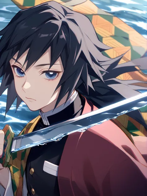 1boy, male focus, 
tomioka giyuu, kimetsu no yaiba, 
solo, close-up, black hair, upper body, holding sword, long hair, japanese clothes, weapon, looking at viewer, blue eyes, sword, water, holding, holding weapon, closed mouth, demon slayer uniform, haori, jacket, 
  safe