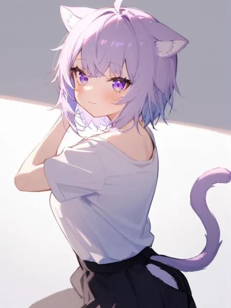 1girl, 
nekomata okayu, hololive, 
solo, full shot, purple hair, shirt, virtual youtuber, purple eyes, animal ears, blush, alternate costume, cat ears, looking at viewer, white shirt, cat tail, cat girl, tail, 
  safe