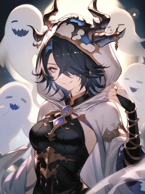 1girl, 
lich \(granblue fantasy\), granblue fantasy, 
solo, lens flare abuse, no headwear, purple eyes, jewelry, dress, ghost, bracelet, grin, smile, breasts, bridal gauntlets, looking at viewer, hair over one eye, hooded dress, black hair, fingernails, bags under eyes, sharp teeth, sharp fingernails, black dress, hood, small breasts, teeth, lens flare, upper body, hood up, 
  safe