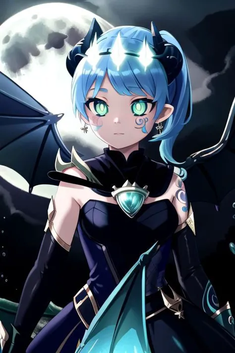 a woman with blue hair and a dragon tail standing in front of a full moon