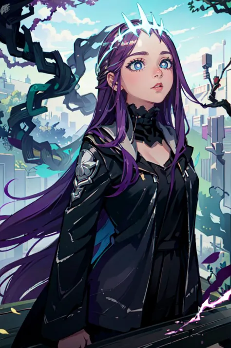 a woman with purple hair and a black jacket standing in front of a city