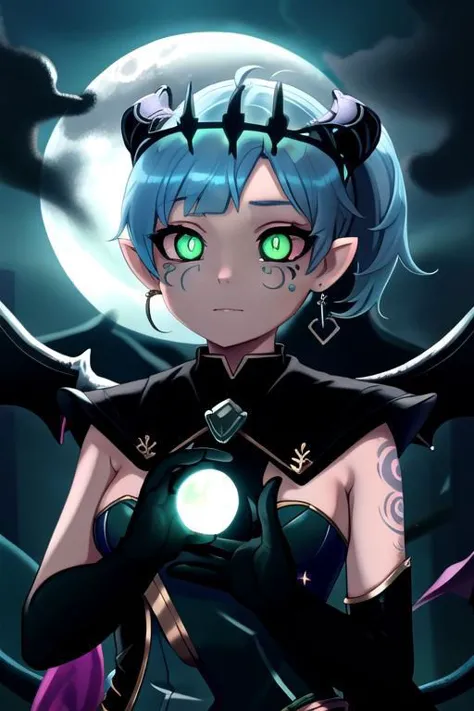 a woman with blue hair and green eyes holding a glowing orb