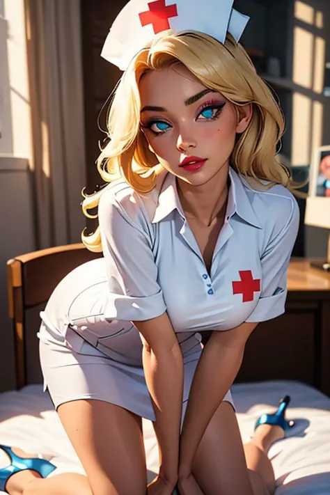 arafed nurse posing on a bed with a red cross on her chest