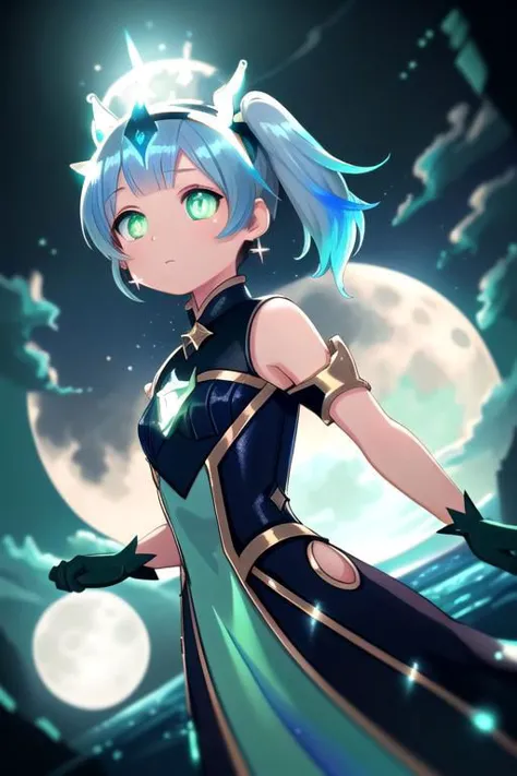 a woman in a black dress with blue hair and green eyes