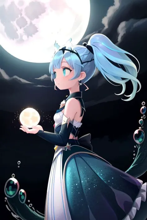 a girl with blue hair and a dress holding a crystal ball