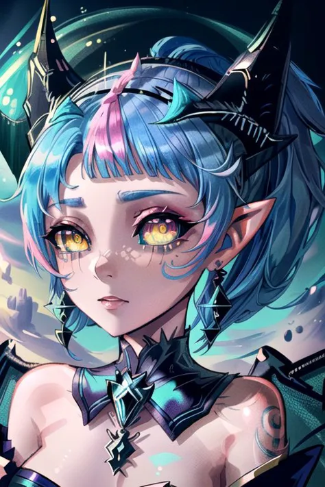 a woman with blue hair and horns in a futuristic world