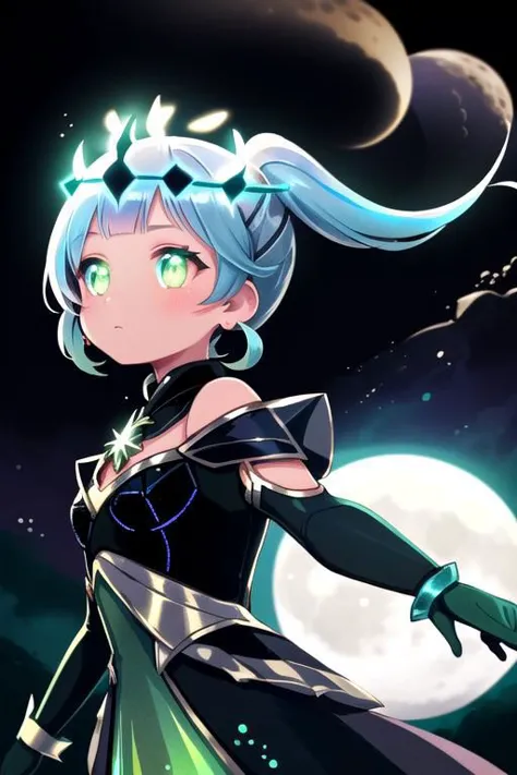 a cartoon girl with blue hair and a black dress holding a sword