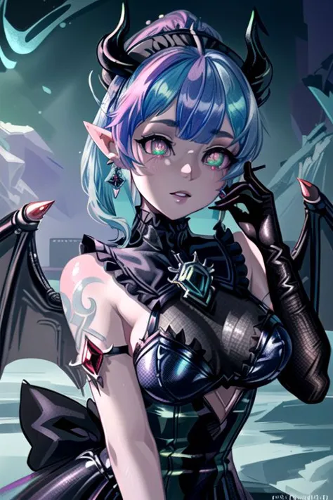 CorruptA, CorruptA, Rnatin, professional image of a cute young woman, (frilly elegant glossy dark holographic dress, moon brooch, moon earrings, moon accessories:1.2),
(dragon horns, dragon tail:1.1), (short hair, side ponytail, hair above cheeks, light blue hair with light pink hairtips, gradient hair, multicolored hair:1.2), red eyes, (small breasts, cute face, innocent, shy, pointy ears:1.1), (sparkles, sparkling clothes, sparkles near eyes:1.1),
(intricate aquatic background, underwater, corrupted ocean, corrupted beach), 
(pubic tattoo, symbol-shaped pupils, corruption, mind control:1.2),
(colored skin, demon wings, demon horns, slit pupils:1.2),
(glowing, glowing eyes, green eyes:1.2),
(absurdres, incredibly absurdres, huge filesize, extremely detailed, High quality texture, physically-based rendering, Ray tracing, octane render, sharp focus, (8k), (4k), (Masterpiece), (Best Quality), extremely detailed, intricate, hyper detailed, illustration, soft lighting, high resolution, sharp detail,)