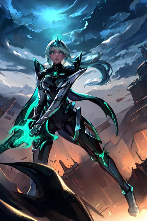 masterpiece, best quality, highres, solo, pneuma \(xenoblade\), <lora:mythra_pyra_pneuma-000050:0.6>, Rnatin, (crown, ruined \(league of legends\)), glowing, glowing eyes, green eyes, <lora:Rnatin:1>, ashen plains, gray landscape, drifting ashes, hushed winds, <lora:add_detail:0.5>