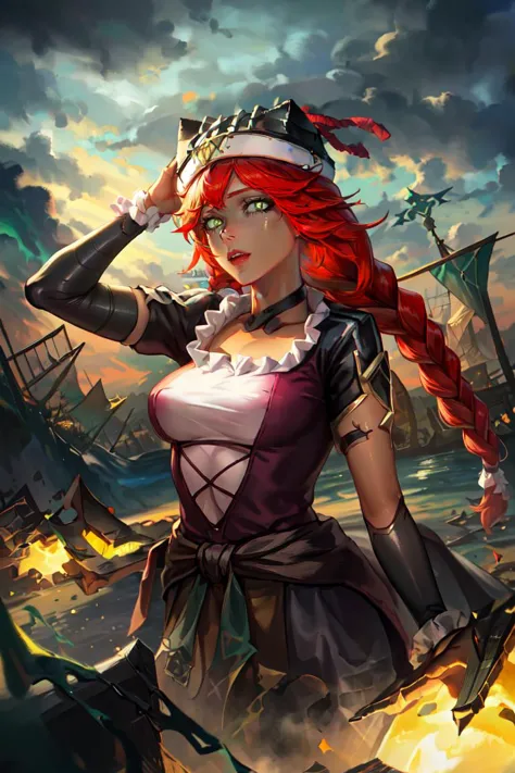 a woman in a pirate costume standing on a ship with a sword