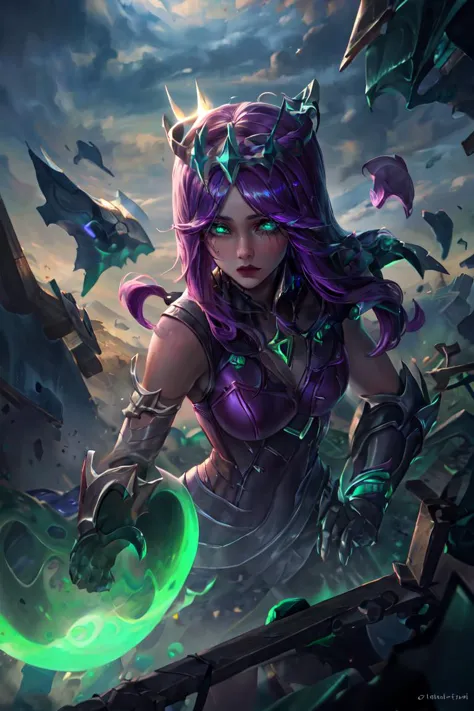 a woman with purple hair and a green glowing orb in her hand