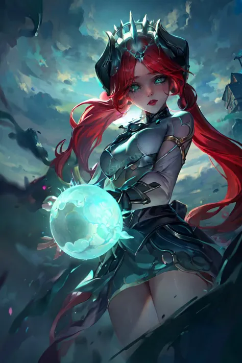 a woman with red hair and a helmet holding a crystal ball